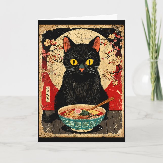 Carte Kawaii Cat Eating Ramen Noodles Funny Anime Gift G (Devant)