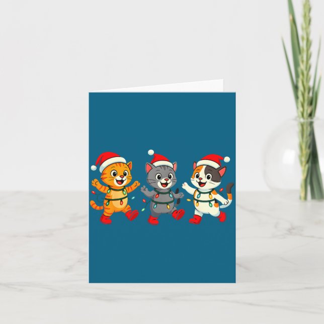 Carte Kawaii Cats Santa Hat Dancing Lights Christmas Dan (Devant)