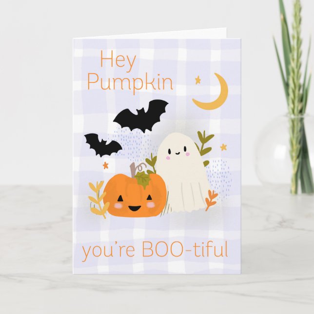 Carte Kawaii Halloween gentil Citrouille et fantôme (Devant)