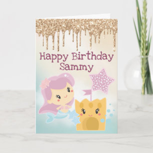 Carte Kawaii Mermaid et Sandcastle Gradient Anniversaire