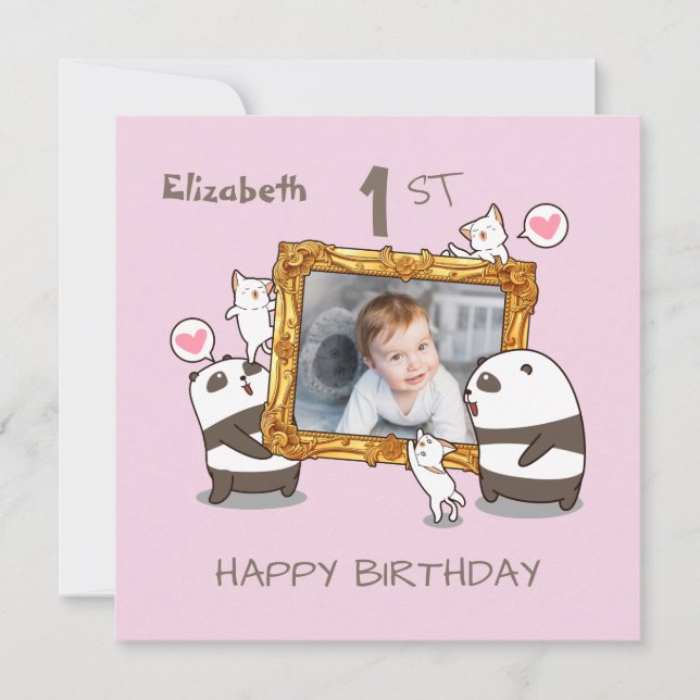 Carte Kawaii pandas et chats photo cadre 1er anniversair (Devant)