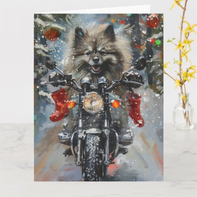 Carte Keeshond chien équitation moto Noël (Fleur jaune)