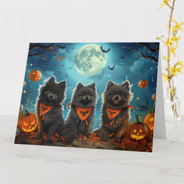 Carte Keeshond Halloween Éffrayant (Fleur jaune)