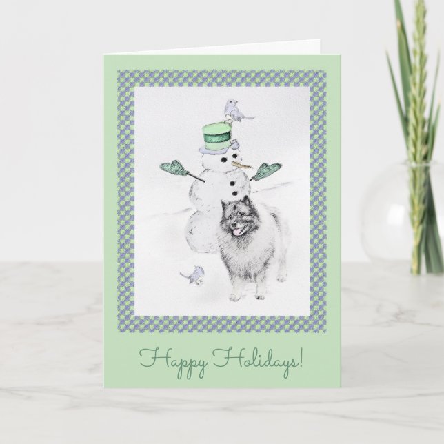 Carte Keeshond Noël Snowman Peinture Chien Art (Devant)