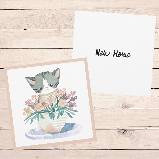 Carte Kitten En Pot De Fleurs Bienvenue Dans Votre Nouve (Front And Back)