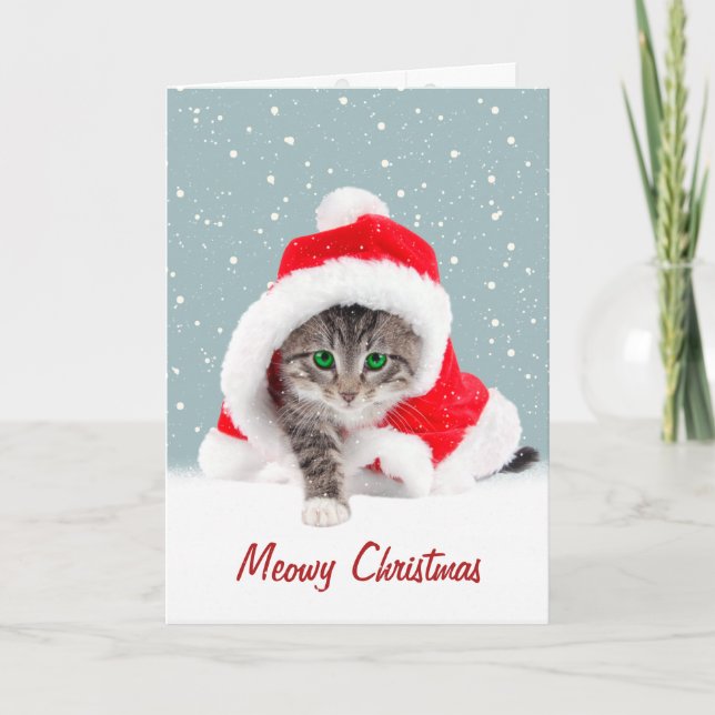 Carte Kitten In Christmas Santa Hat and Snowflakes (Devant)