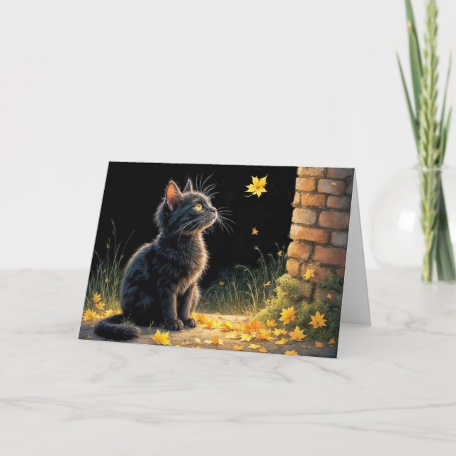 Carte Kitten regarde une feuille d'automne en chute (Devant)