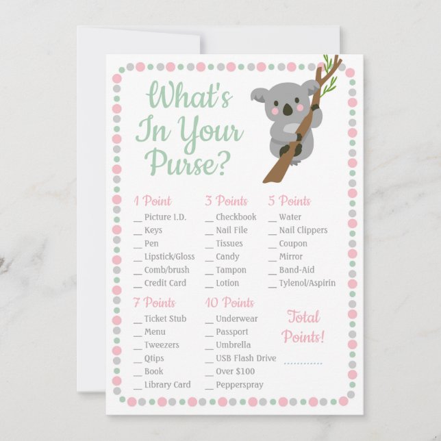 Carte Koala Bear What's In Your Purse Douche Jeu rose (Devant)