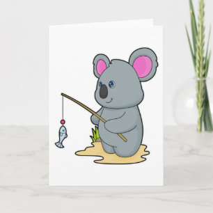 Carte Koala en pêcheur avec canne à pêche et poisson