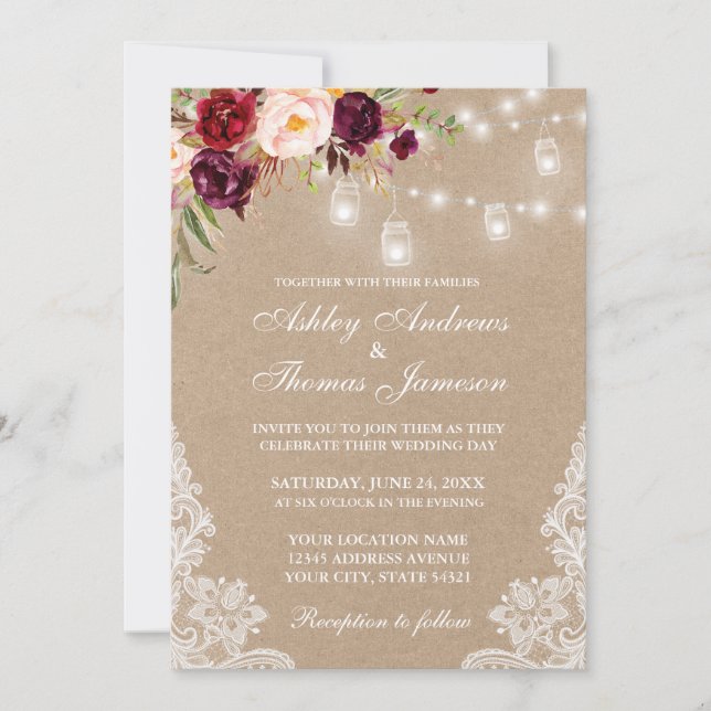 Carte Kraft Bourgogne Floral Lace Lights Mariage Invitat (Devant)