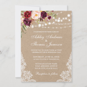 Carte Kraft Burgundy Lumières Florales Lace Mariage Invi