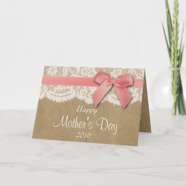 Carte Kraft, dentelle et poitrine rose Bonne fête des mè (Devant)