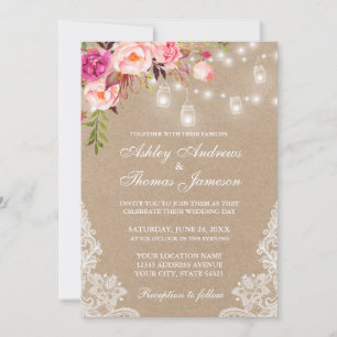 Carte Kraft Pink Floral Jar Lumières Dentelles Invite