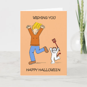 Carte La Dame d'Halloween et Chat blanc en costume
