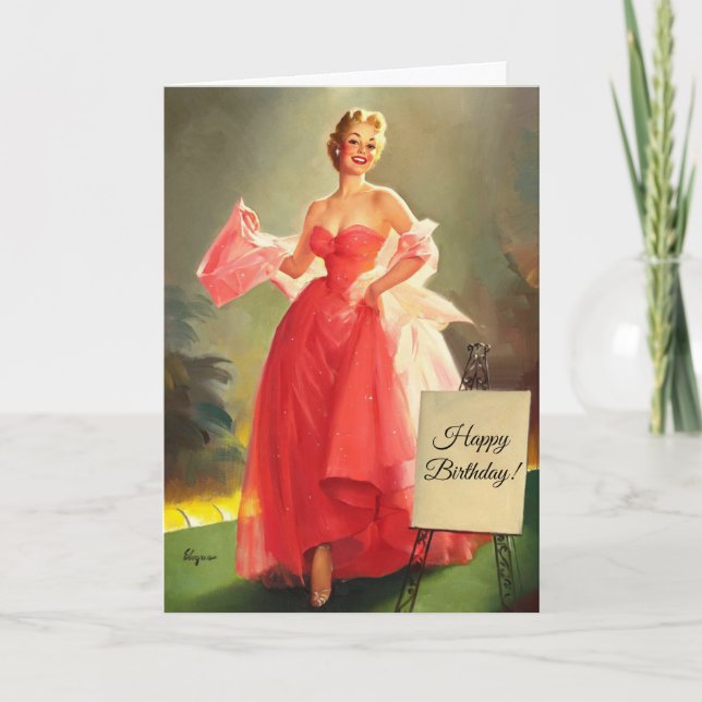 Carte La femme en robe rose, anniversaire (Devant)
