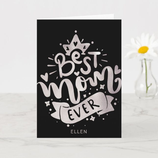 Carte La meilleure maman jamais Black Silver Letterin Mo (Petite plante)