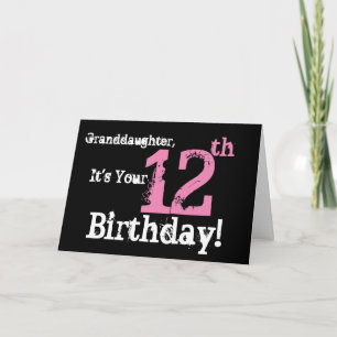 Carte La petite-fille a 12e anniversaire, noir, rose, bl