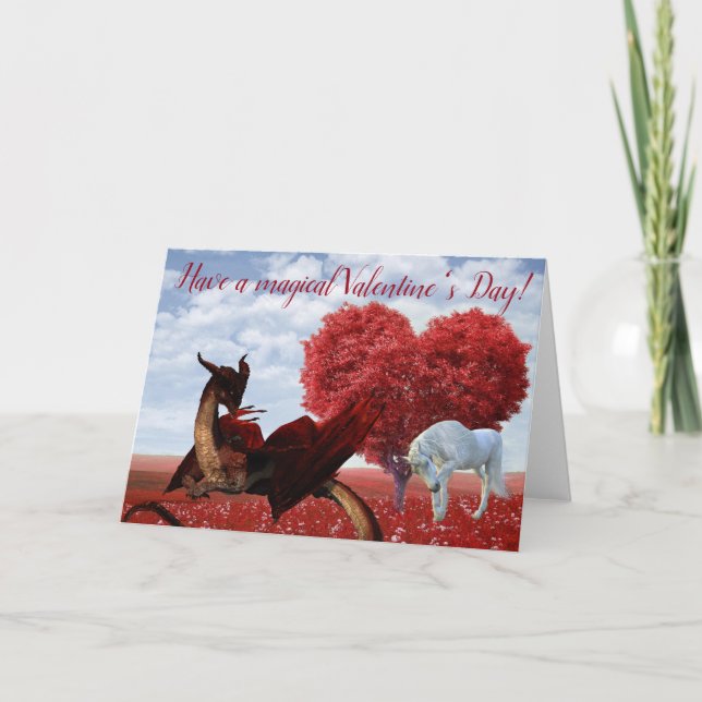 Carte La Saint Valentin magique Unicorne et Dragon (Devant)