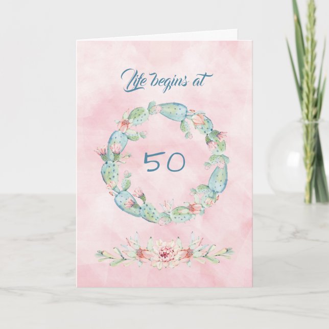 Carte La vie commence à 50 cactus aquarelle (Devant)