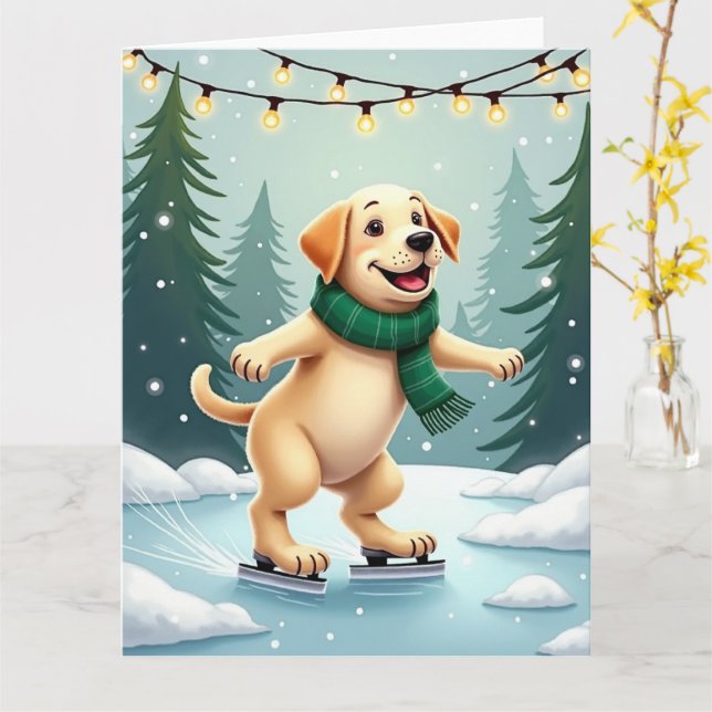 Carte Labrador Retriever Ice Skating Christmas Painting (Fleur jaune)