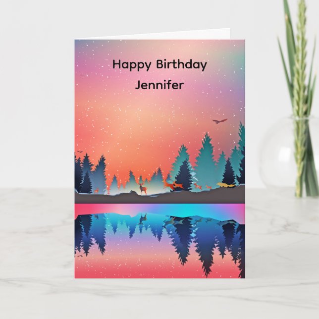 Carte Lac d'hiver pittoresque avec Anniversaire des Cerf (Devant)