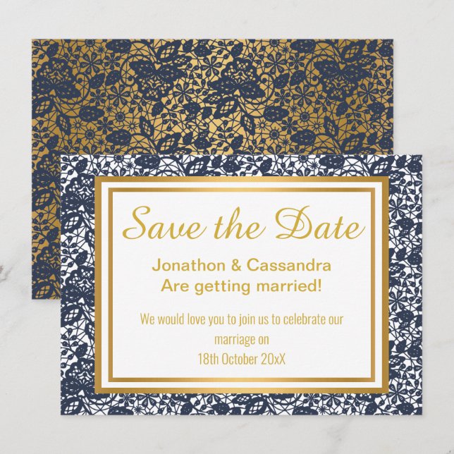 CARTE LACE LUXE MARINE OR SAUVER LA DATE (Devant / Derrière)