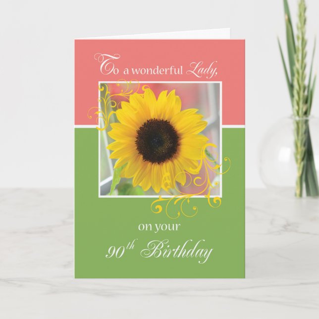 Carte Lady 90e anniversaire avec tournesol sur vert rose (Devant)