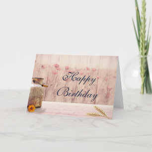 Carte Lait rustique avec blé et fleurs Anniversaire