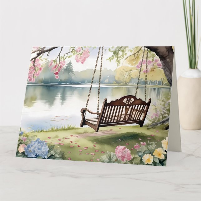 Carte Lakeside Swing dans le jardin d'aquarelle romantiq (Devant)