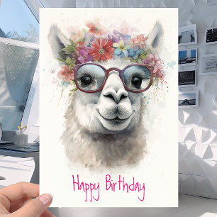 Carte Lama mignonne en lunettes et fleurs - Anniversaire
