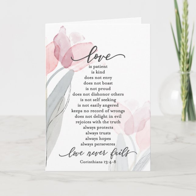 Carte L'amour est Patient Tulipes Roses Bible Mariage (Devant)