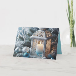 Carte Lanterne blanche hivernale et bleue givree