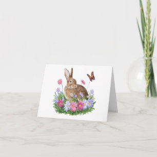 Carte Lapin avec papillon et champ de fleurs