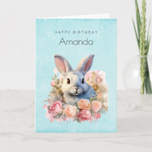 Carte Lapin avec une guirlande de roses Joyeux Anniversa