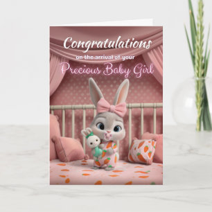 Carte Lapin Bébé Adorable en Rose Félicitations Nouvelle