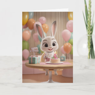 Carte Lapin Bébé Mignon avec Gâteau et Ballons 1er Anniv