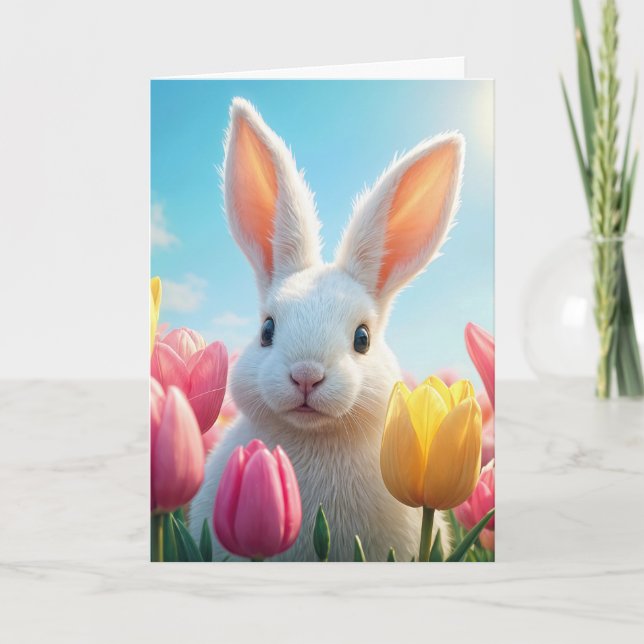 Carte Lapin Blanc De Pâques En Tulipe (Devant)