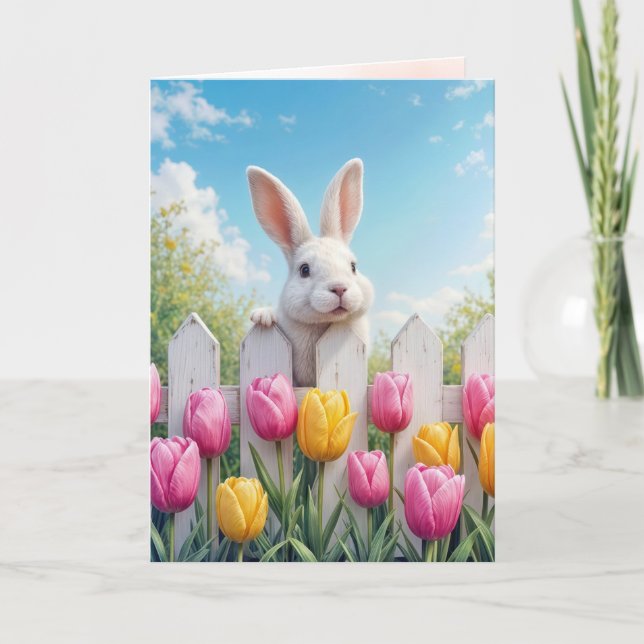 Carte Lapin Blanc De Pâques En Tulipe (Devant)
