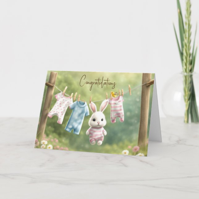 Carte Lapin blanc et blanchisserie pour bébé fille (Devant)