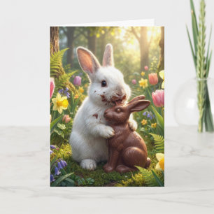 Carte Lapin blanc léchant un lapin de Pâques en chocolat