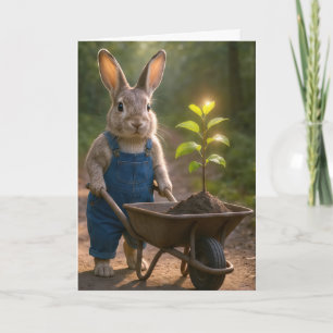 Carte Lapin d'anniversaire avec un petit arbre dans une 