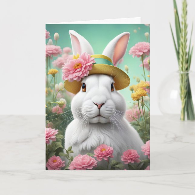 Carte Lapin De Pâques Avec Casquette De Printemps (Devant)