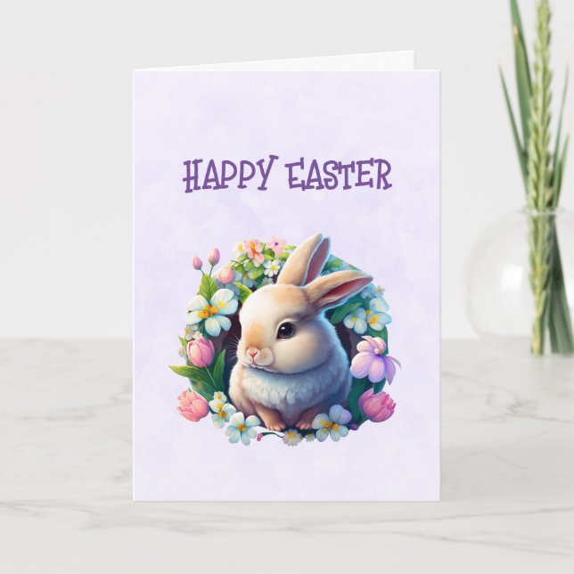Carte Lapin de Pâques bébé en couleurs parmi des fleurs  (Devant)