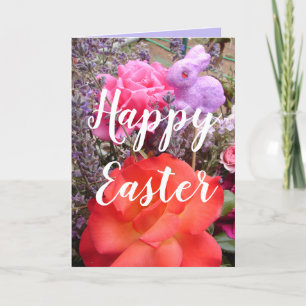Carte Lapin de Pâques Jardin Rose Rouge Rose Printemps f