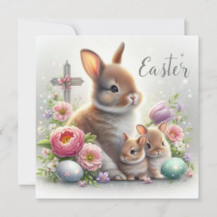 Carte Lapin de Pâques mère avec bébés et croix florale