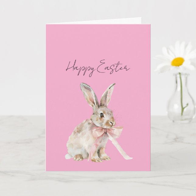 Carte Lapin de Pâques Nœud Rose (Petite plante)