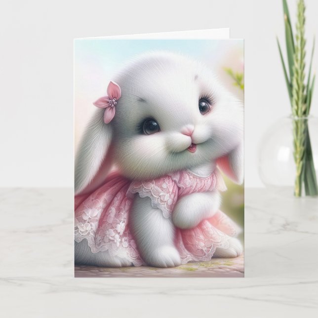 Carte Lapin de Pâques portant une robe de dentelle rose (Devant)