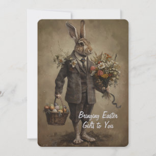 Carte Lapin de Pâques victorien élégant avec des cadeaux