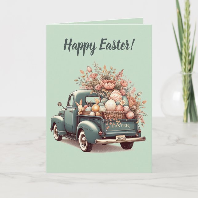 Carte Lapin Et Oeufs De Camion Bleu Modifiable Pâques (Devant)