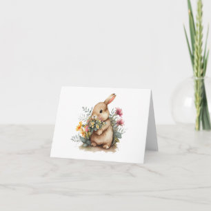 Carte Lapin lapin avec Fleurs Jaunes Violettes BLANC
